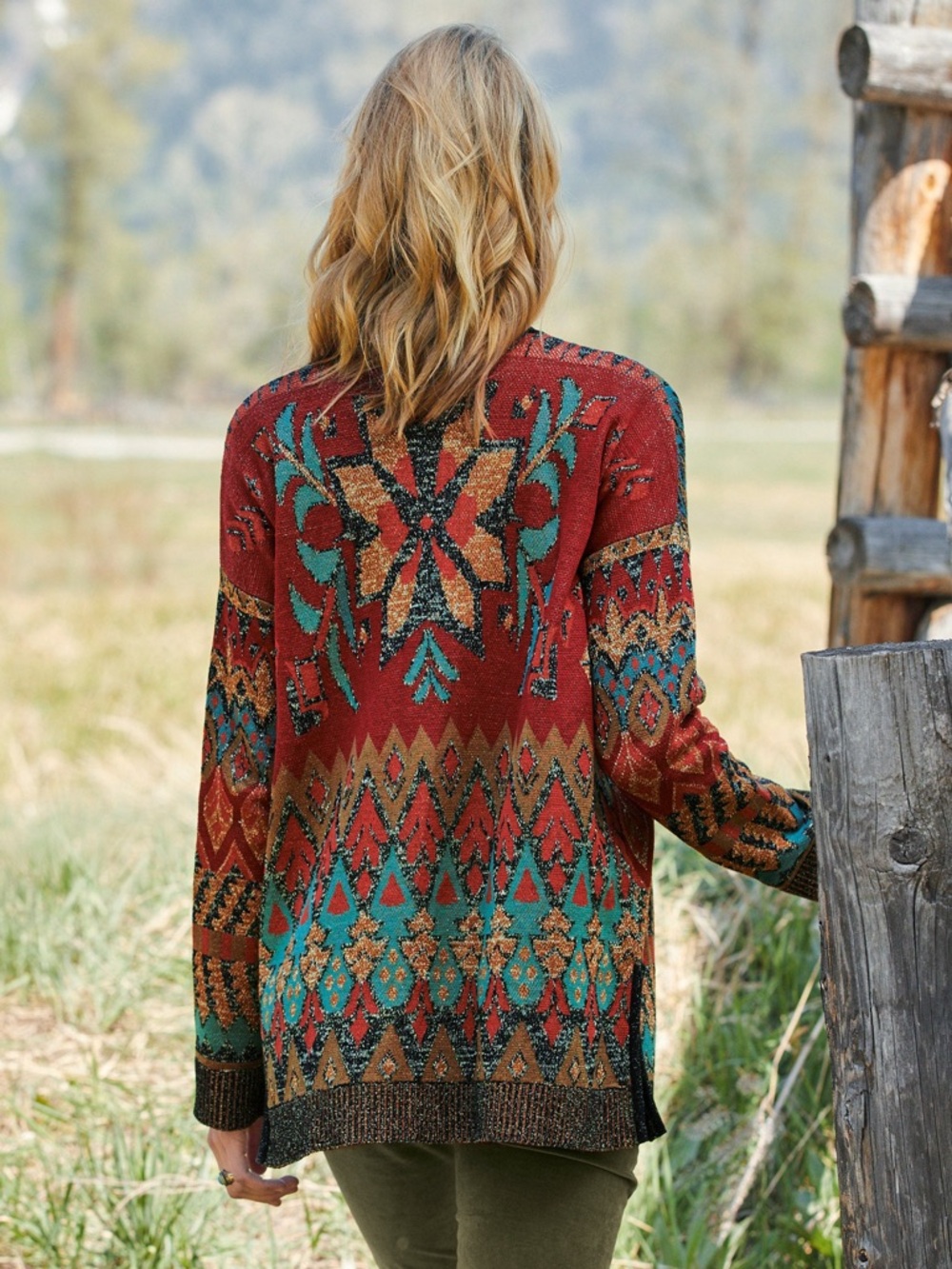 Peruvian Connection Dauphine Open Longline Cardigan Metallic Floral Medallion XL - Picture 2 of 13